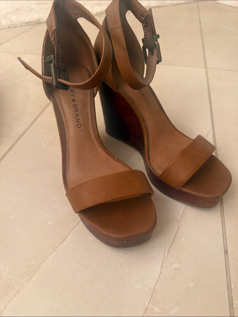 Lucky Brand Cognac Brown Leather Wedge Sandals